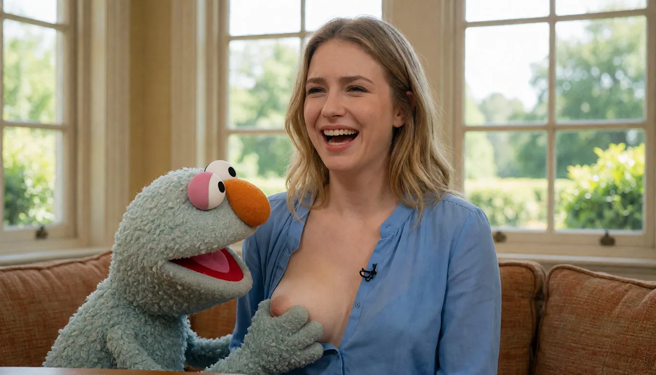 an amateur snapshot, screenshot from a saturday morning show, woman with a muppet grabbing her breast, 30yo female with blonde hair, she is wearing a blue blouse, one of her breasts is out, studio lighting, she is awkwardly laughing, embarrassed laughter, on the studio set of muppets show,, plenty of natural daylight, flat even light, casual unposed snapshot, natural everyday colour, mild noise, natural unretouched skin, strikingly beautiful, radiant complexion, early twenties