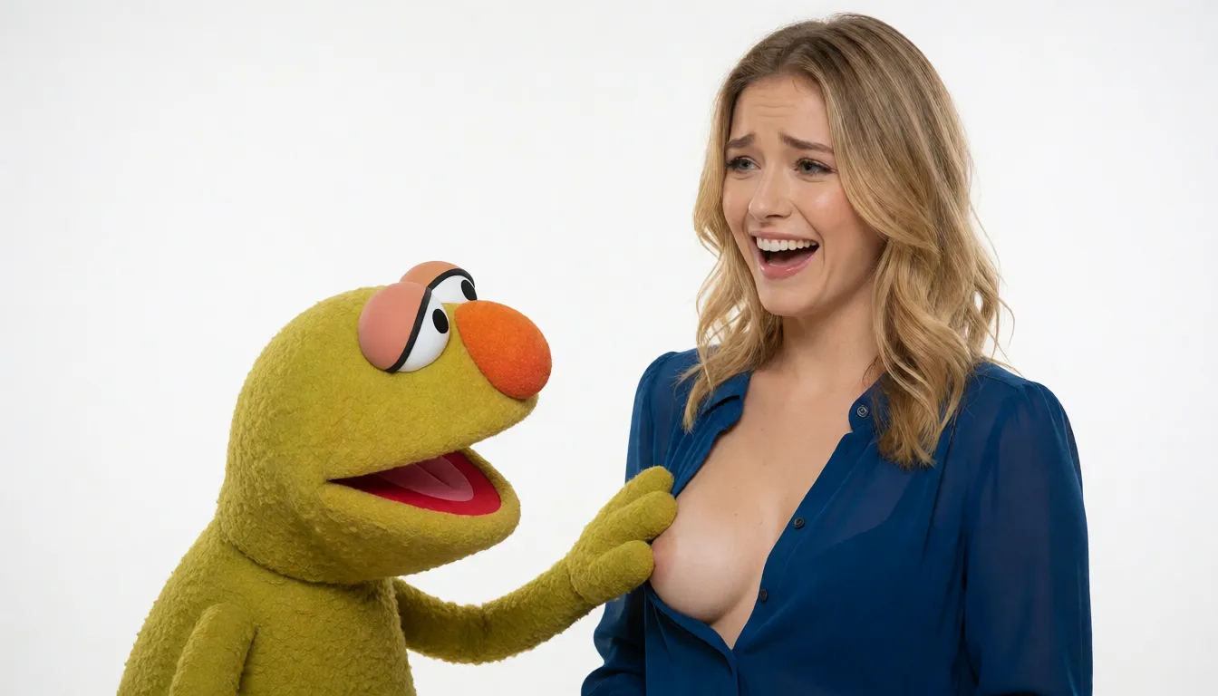 a studio photograph, screenshot from a saturday morning show, woman with a muppet grabbing her breast, 30yo female with blonde hair, she is wearing a blue blouse, one of her breasts is out, studio lighting, she is awkwardly laughing, embarrassed laughter, on the studio set of muppets show,, even shadowless studio light, plain white background, clean rich colour, flawless polished skin, strikingly beautiful, radiant complexion, early twenties