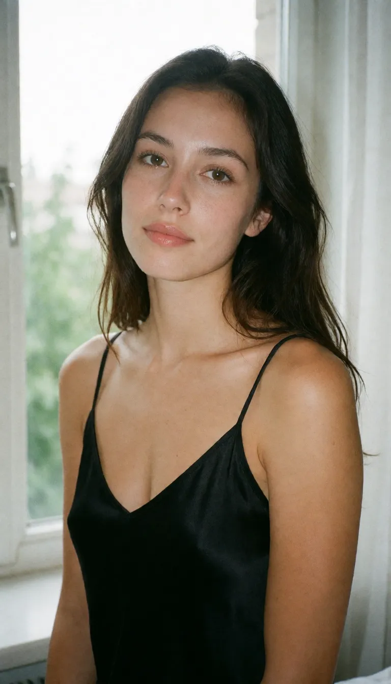 an amateur snapshot, a woman with long dark hair in a black silk slip, soft window light, shot on film, plenty of natural daylight, flat even light, casual unposed snapshot, natural everyday colour, mild noise, natural unretouched skin, strikingly beautiful, radiant complexion, early twenties