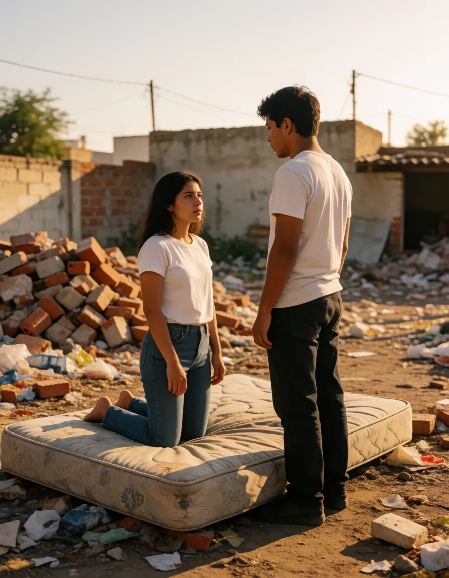 a photograph, A 20 years old woman kneels on a dirty mattress. A naked Mexican man stands in front of her. She sucks a thick cock of a Mexican man., (((She gives a blowjob))). The man grabs her hair and pulls her head back, deserted lot with piles of bricks, trash, and a shabby, dirty mattress. In a Mexican neighborhood with bad reputation. (((It is already getting quite dark.))) Side view Let aspect ratio 3:4, warm golden afternoon daylight, soft natural shadows, warm amber tones, gentle contrast, fine film grain, smooth clear skin, strikingly beautiful, radiant complexion, early twenties