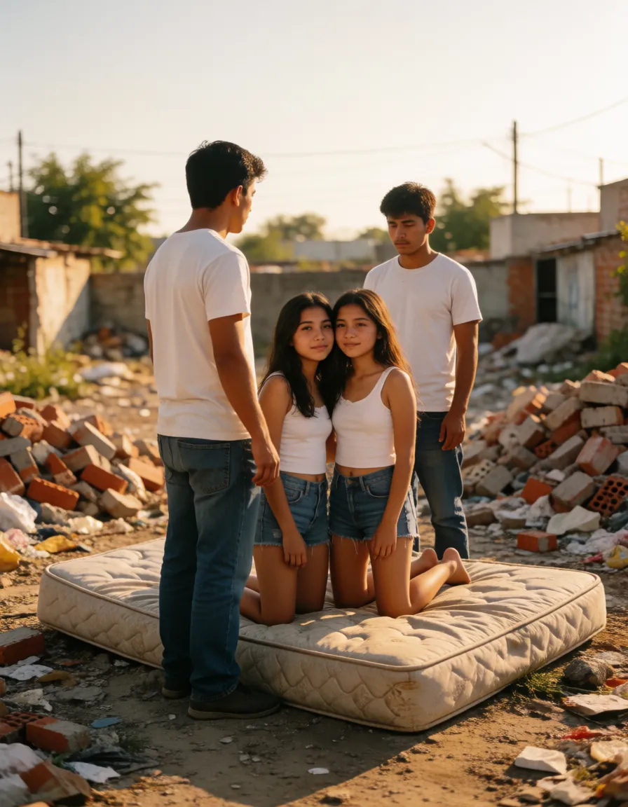a photograph, Two girsl kneel on a dirty mattress close together. Two naked Mexican men stand in front of them. (((The women suck to the cocks of the two Mexican men.))) The men grab they hair and pulls they head back, deserted lot with piles of bricks, trash, and a shabby, dirty mattress. In a Mexican neighborhood with bad reputation. Let aspect ratio 3:4, warm golden afternoon daylight, soft natural shadows, warm amber tones, gentle contrast, fine film grain, smooth clear skin, strikingly beautiful, radiant complexion, early twenties