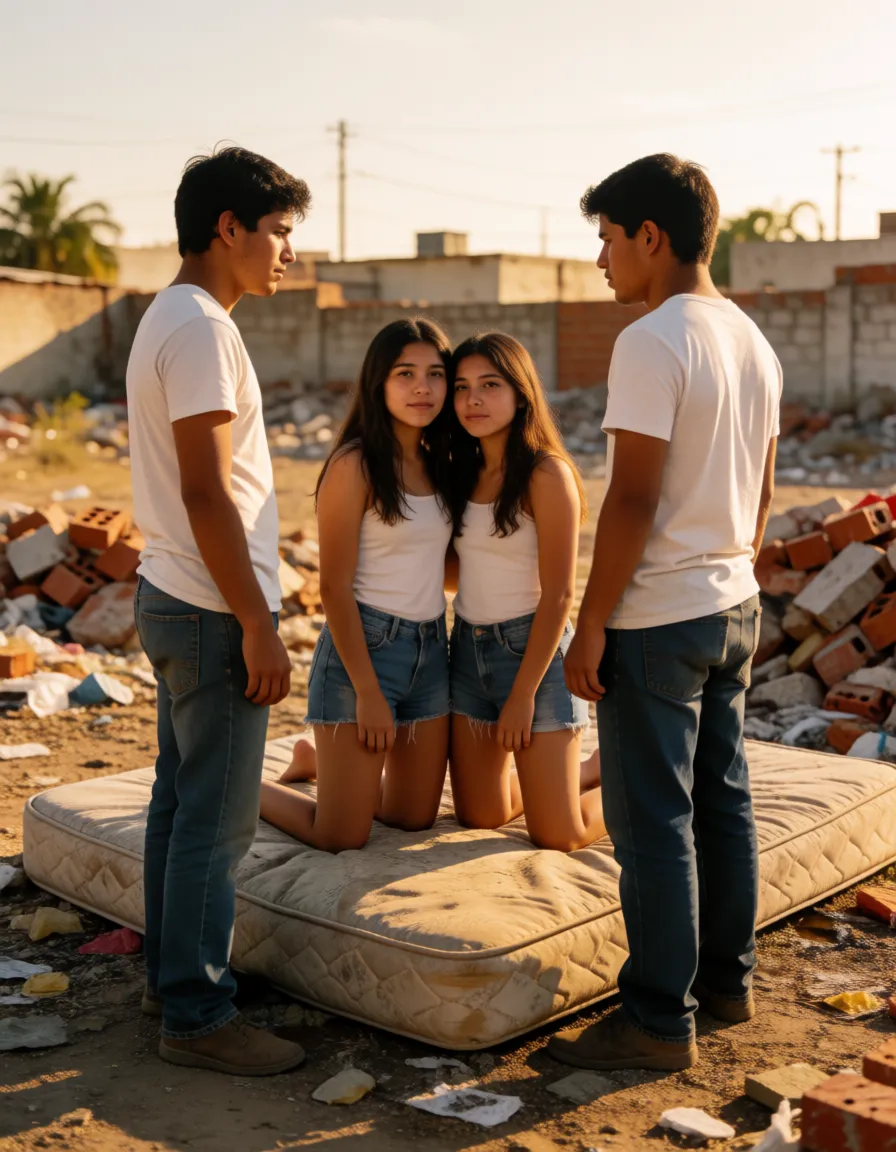 a photograph, Two girsl kneel on a dirty mattress close together. Two naked Mexican men stand in front of them. (((The women suck to the cocks of the two Mexican men))). deserted lot with piles of bricks, trash, and a shabby, dirty mattress. In a Mexican neighborhood with bad reputation. Let aspect ratio 3:4, warm golden afternoon daylight, soft natural shadows, warm amber tones, gentle contrast, fine film grain, smooth clear skin, strikingly beautiful, radiant complexion, early twenties