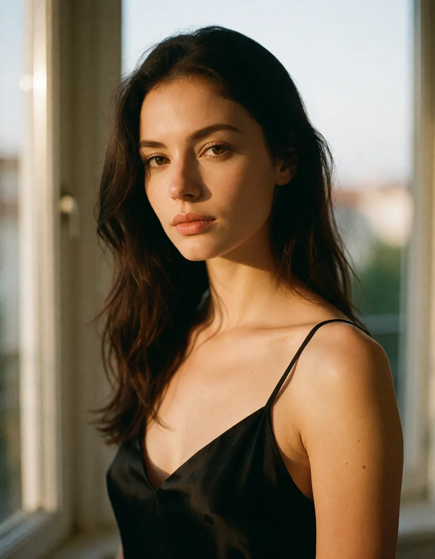 a photograph, a woman with long dark hair in a black silk slip, soft window light, shot on film, warm golden afternoon daylight, soft natural shadows, warm amber tones, gentle contrast, fine film grain, smooth clear skin, strikingly beautiful, radiant complexion, early twenties