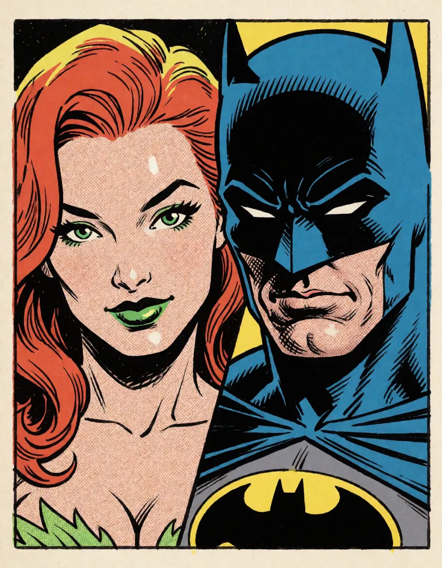 comic book art, Poison Ivy and Batman having doggystyle sex, bold black ink outlines, halftone dot shading, cross hatched shadows, flat four colour print palette, hard high contrast comic inking, printed comic page, strikingly beautiful, radiant complexion, early twenties