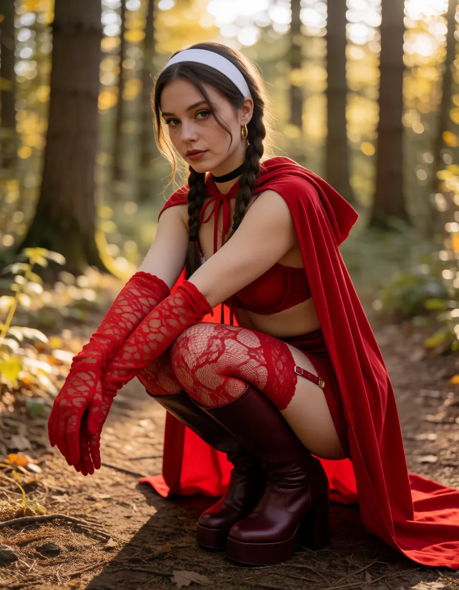 a photograph, Little Red Riding Hood (hereinafter referred to as Helen) has massive buttocks, an enormous bust, a slender waist, and a toned physique; her lips are exceptionally full. She wears her hair in two braids. Helen is dressed in red lace stockings with burgundy garters, an ultra-sheer red lace bra, long red lace gloves, and knee-high burgundy platform boots. Her ultra-sheer red lace panties have been slipped down and are hanging around one of her ankles. She also wears a red hooded cape and a "nano-mini" skirt. Helen sports a wide white headband, a black choker, and gold hoop earrings. Her eyes are defined by black mascara, her makeup is Gothic-style in burgundy tones, and she wears dark burgundy lipstick.On a forest path, Helen is having vaginal sex with a green orc who has a huge cock; she is on all fours with her legs spread wide and her buttocks raised high.Close-up shot. The green orc, with his huge cock, is fucking Helen deeply and rapidly while gripping her buttocks firmly. Helen is squirting profusely. Her cheeks are flushed, and her eyes have rolled back from the intensity of her orgasm. There are numerous puddles of squirt fluid around them. Helen has ahegao, warm golden afternoon daylight, soft natural shadows, warm amber tones, gentle contrast, fine film grain, smooth clear skin, strikingly beautiful, radiant complexion, early twenties