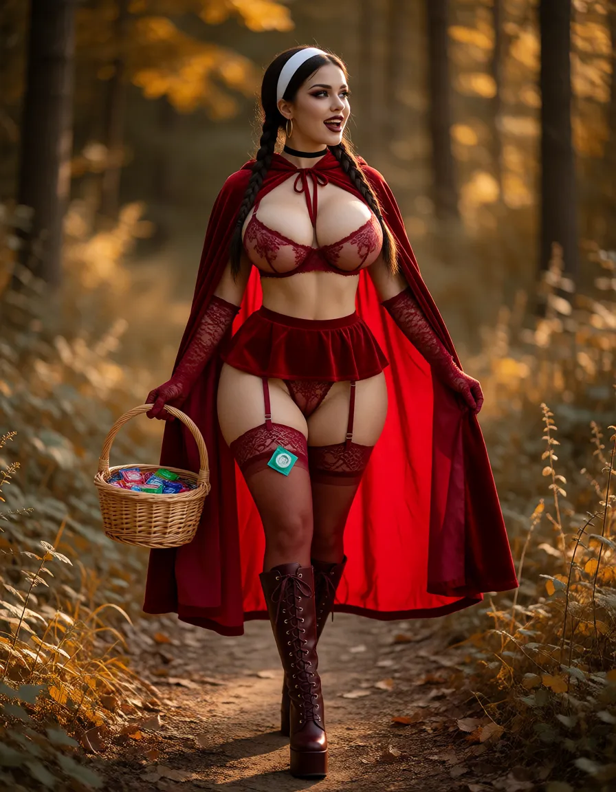 a photograph, Little Red Riding Hood (hereinafter referred to as Helen) has a massive butt and huge breasts with large, dark areolas, a slender waist, and a toned physique; she has very full, plump lips. Her hair is styled in two braids. Helen is wearing red lace stockings with burgundy garters, a sheer red lace bra, long red lace gloves, and knee-high burgundy platform boots. She is also wearing sheer red lace panties.She wears a red hooded cape and a red nano-miniskirt. Helen has a wide white headband in her hair, a black choker around her neck, and gold hoop earrings. She wears black mascara and dark burgundy gothic-style makeup, with dark burgundy lipstick on her lips.Helen is holding a basket full of condoms, and one condom is tucked into her right stocking.Helen is walking along a forest path in high spirits during the summer., warm golden afternoon daylight, soft natural shadows, warm amber tones, gentle contrast, fine film grain, smooth clear skin, strikingly beautiful, radiant complexion, early twenties
