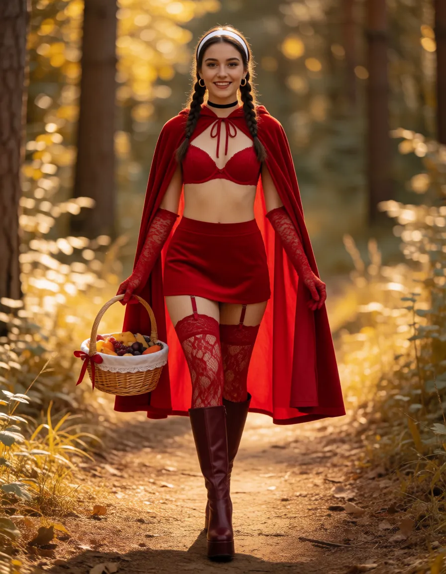 a photograph, Little Red Riding Hood (hereinafter referred to as Helen) has a super-sized butt and mega-huge breasts with giant dark areolas, a slender waist, and a toned physique; she also has very full, plumped lips. Her hair is styled in two braids. Helen is wearing red lace stockings with burgundy garters, a red lace ultra-sheer bra, long red lace gloves, and burgundy knee-high platform boots. She is also wearing red lace ultra-sheer panties.She wears a red hooded cape and a red nano-mini skirt. Helen has a wide white headband in her hair, a black choker around her neck, and gold hoop earrings. She wears black mascara and dark burgundy gothic-style makeup, with dark burgundy lipstick on her lips.Helen is carrying a basket full of condoms; one condom is tucked into her right stocking, and another is tucked into the left cup of her bra.Helen is walking in high spirits along a forest path in summer., warm golden afternoon daylight, soft natural shadows, warm amber tones, gentle contrast, fine film grain, smooth clear skin, strikingly beautiful, radiant complexion, early twenties