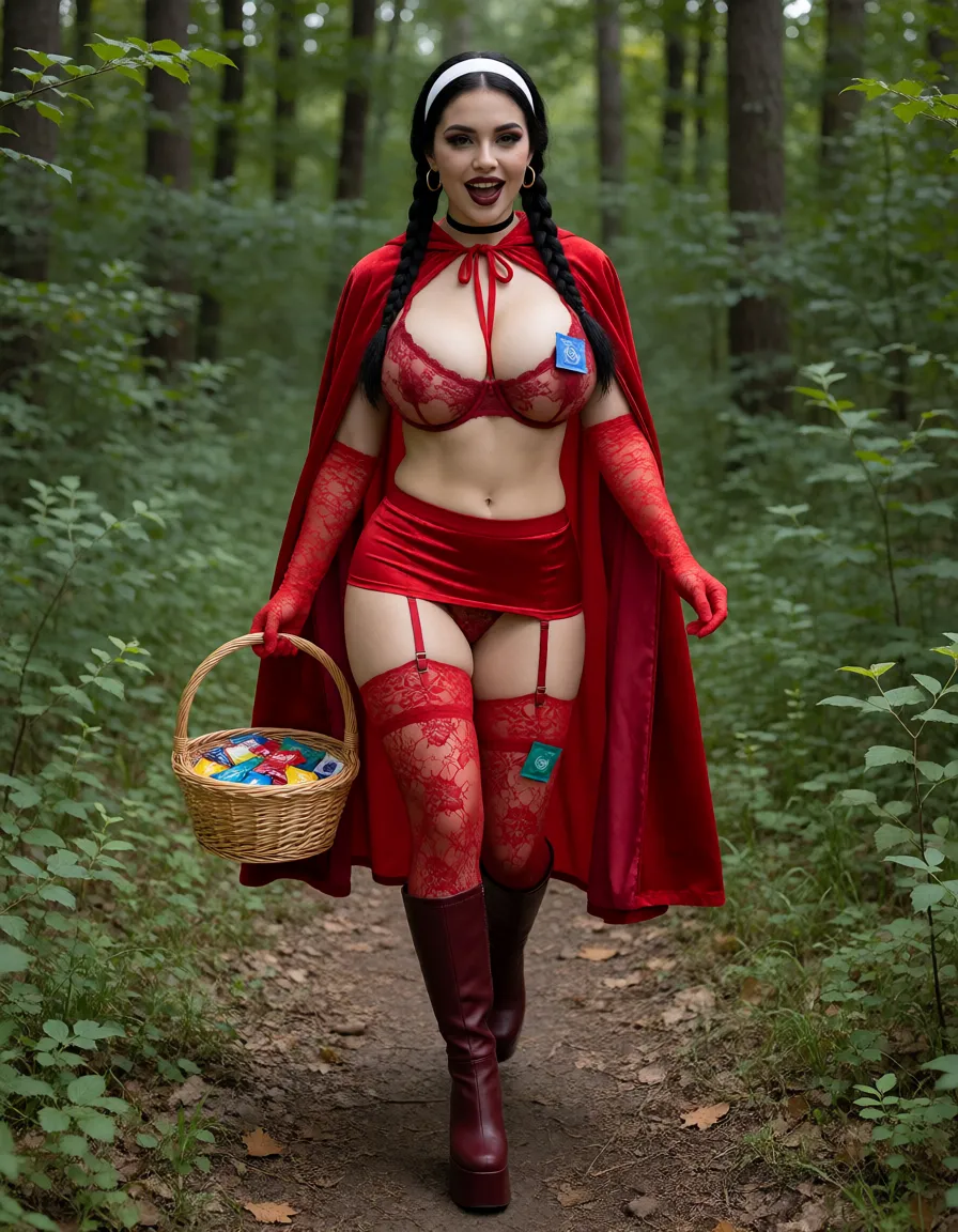 an amateur snapshot, Little Red Riding Hood (hereinafter referred to as Helen) has a super-sized butt and mega-huge breasts with giant dark areolas, a slender waist, and a toned physique; she also has very full, plumped lips. Her hair is styled in two braids. Helen is wearing red lace stockings with burgundy garters, a red lace ultra-sheer bra, long red lace gloves, and burgundy knee-high platform boots. She is also wearing red lace ultra-sheer panties.She wears a red hooded cape and a red nano-mini skirt. Helen has a wide white headband in her hair, a black choker around her neck, and gold hoop earrings. She wears black mascara and dark burgundy gothic-style makeup, with dark burgundy lipstick on her lips.Helen is carrying a basket full of condoms; one condom is tucked into her right stocking, and another is tucked into the left cup of her bra.Helen is walking in high spirits along a forest path in summer., plenty of natural daylight, flat even light, casual unposed snapshot, natural everyday colour, mild noise, natural unretouched skin, strikingly beautiful, radiant complexion, early twenties