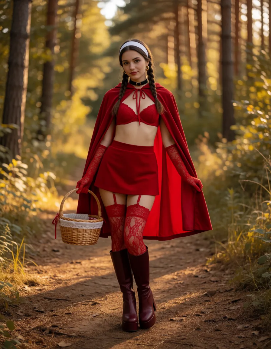 a photograph, Little Red Riding Hood (hereinafter referred to as Helen) has a super-enormous butt and mega-huge breasts with giant dark areolas, a slender waist, a toned physique, and super-large, plumped lips. She wears her hair in two braids. Helen is dressed in red lace stockings with burgundy garters, a red lace ultra-sheer bra, long red lace gloves, and burgundy knee-high platform boots. She wears red lace ultra-sheer panties.She wears a red hooded cape and a red nano-mini skirt. Helen has a wide white headband in her hair, a black collar around her neck, and gold hoop earrings. She wears black mascara and dark burgundy gothic-style makeup, with dark burgundy lipstick on her lips.On the forest path—which is set in summer—there is a basket full of condoms; one condom is tucked inside her right stocking.Helen has bent over very low, turning so her backside faces forward. She spreads her buttocks to reveal her vagina; her butt is positioned higher than her head. The focus is on Helen's vagina. She is in a good mood., warm golden afternoon daylight, soft natural shadows, warm amber tones, gentle contrast, fine film grain, smooth clear skin, strikingly beautiful, radiant complexion, early twenties