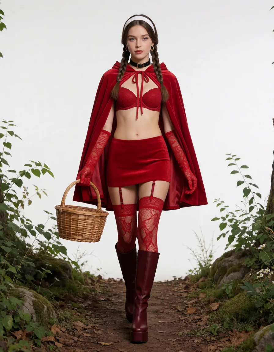 a studio photograph, Little Red Riding Hood (hereinafter referred to as Helen) has a super-enormous butt and mega-huge breasts with giant dark areolas, a slender waist, a toned physique, and super-large, plumped lips. She wears her hair in two braids. Helen is dressed in red lace stockings with burgundy garters, a red lace ultra-sheer bra, long red lace gloves, and burgundy knee-high platform boots. She wears red lace ultra-sheer panties.She wears a red hooded cape and a red nano-mini skirt. Helen has a wide white headband in her hair, a black collar around her neck, and gold hoop earrings. She wears black mascara and dark burgundy gothic-style makeup, with dark burgundy lipstick on her lips.On the forest path—where it is summer—there is a basket full of condoms; one condom is tucked inside her right stocking.Helen has bent over very low, turning so her backside faces forward. She spreads her buttocks to display her rear; her butt is positioned higher than her head. The focus is on Helen's butt. She is in a good mood., even shadowless studio light, plain white background, clean rich colour, flawless polished skin, strikingly beautiful, radiant complexion, early twenties