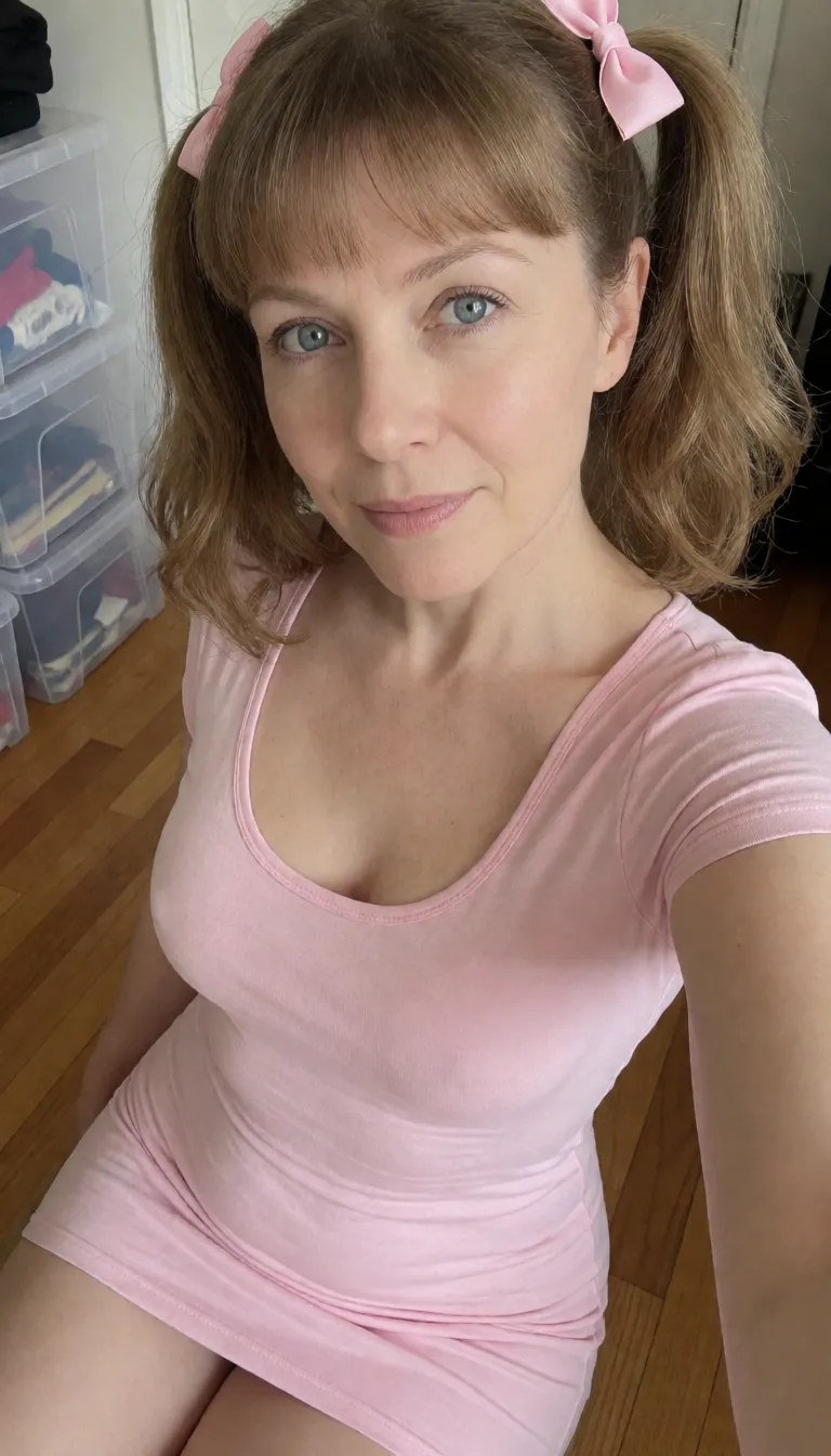 an amateur snapshot, Photorealistic selfie from high angle looking down, mature woman with light brown hair in twin pigtails tied with pink bows, short bangs, blue eyes, looking up at the camera with mouth wide open and tongue sticking out playfully. She is wearing a tight light pink short-sleeved mini dress. The neckline of the dress is pulled down very low, completely exposing her massive large breasts spilling out of the top. extremely exaggerated ultra-wide hips, massive thick thighs, and a huge round protruding ass that is disproportionately wide and heavy, creating a dramatic extreme hourglass silhouette. The hips must be as broad, thick, and exaggeratedly flared, with deep hip dips and a very pronounced wide-set pelvic structure. Keep the upper body, face, breasts size, and pose identical to the original, only the visible hips, butt, and upper thighs transformed to that extreme thick wide form. Soft natural indoor lighting, wooden floor, plastic storage containers visible in the background, realistic skin texture, detailed face, high resolution, photorealistic., plenty of natural daylight, flat even light, casual unposed snapshot, natural everyday colour, mild noise, natural unretouched skin, strikingly beautiful, radiant complexion, early twenties