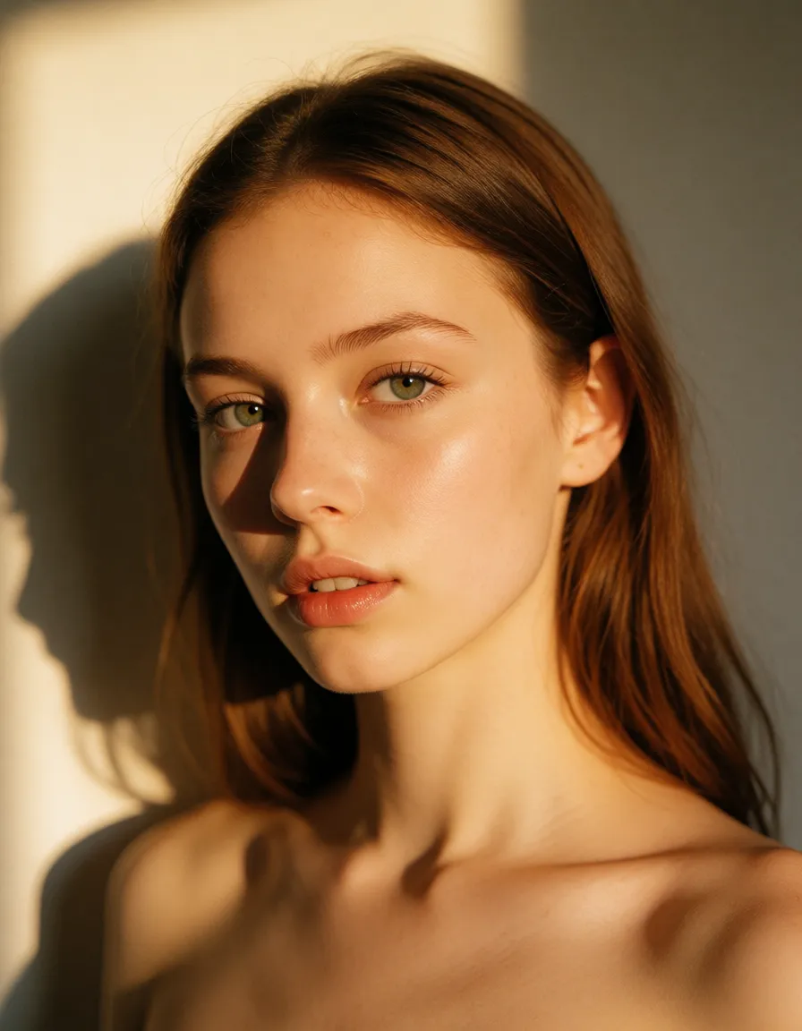a photograph, девошку транс ебу, warm golden afternoon daylight, soft natural shadows, warm amber tones, gentle contrast, fine film grain, smooth clear skin, strikingly beautiful, radiant complexion, early twenties