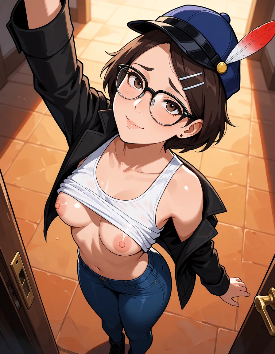 hentai anime art, score_7_up, source_anime, rating:explicit, masterpiece, best quality, ace attorney official art style, clean lines, cel shading, maggey byrde, 1woman, solo, adult, short brown hair, two silver hair clips, round glasses, brown eyes, blue security cap on head with red feather,


standing on tiptoes reaching up, jacket riding up, tank top lifted, underboob, pants tight, cap on head, looking up, nsfw, clean lineart, smooth cel shading, glossy highlights, saturated warm colour, drawn illustration, strikingly beautiful, radiant complexion, early twenties