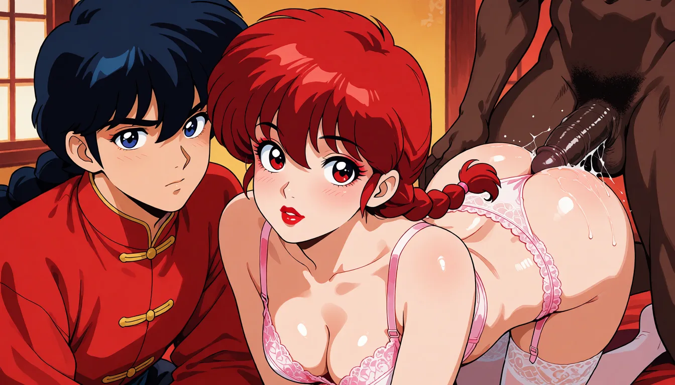hentai anime art, aesthetic, intricate details, 1boy, femboy, androgynous, BREAK <lora:ranma_2024_style:1> ranma2024_style, anime coloring, flat color, retro artstyle, ranma 1/2, ranma-chan, red eyes, red hair, makeup, single braid, red hanfu, femboy gay wearing lingerie and lipstick, dick showing, anal, with black male, sex,, clean lineart, smooth cel shading, glossy highlights, saturated warm colour, drawn illustration, strikingly beautiful, radiant complexion, early twenties