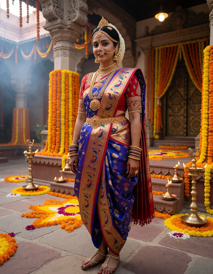 an amateur snapshot, A full-length, cinematic and opulent photograph of a gorgeous South Indian Hindu woman in her late 30s, with huge saggy tits, completely visible boobs,dressed in an exceptionally grand and regal traditional Marathi 'Nauvari' (nine-yard) style outfit slipped from her body, standing in a richly decorated, historic temple-like courtyard or royal heritage palace (wada).
She wears an ultra-luxurious, royal blue silk Nauvari saree intricately woven with heavy, elaborate gold and crimson red Paithani zari work, featuring majestic peacock, paisley, and floral patterns. The saree is draped in the traditional Marathi 'Kasta' style, snugly fitting with an opulent, heavily decorated pallu cascading gracefully. Her matching crimson red silk blouse tied under breast, is densely adorned with shimmering gold zardozi embroidery, intricate beadwork, and patterns on the sleeves and neckline. On her feet, she wears ornate, embellished traditional Kolhapuri sandals or juttis.
She is heavily adorned with exquisite, layered traditional jewelry:- A prominent 'Nath' (the ornate Maharashtrian nose ring with pearls, rubies, and gold) on her nose.- A delicate, crescent-shaped 'Chandrakor' bindi with tiny dots on her forehead.- A grand gold crown/headpiece (shendra/maang tikka) at the crown of her head.- Multiple layered gold necklaces: a tight gold 'Thushi' (choker), a medium-length 'Kolhapuri Saaj', a grand multi-layered 'Mohanmal', and an elaborately jeweled heavy gold haram (long necklace) cascading down her chest.- Large, ornate gold and pearl 'Jhumkas' with elaborate ear chains (kanvel) pinned to her hair.- Stacked traditional gold bangles (choora) paired with 'Patlya' bangles on both wrists, and a gold 'Bajuband' (armlet) on her upper arm.- An ornate gold 'Kamarbandh' (waist chain) peaking under the saree’s drape.
Her natural black hair is styled in an elaborate traditional bun, heavily adorned with jasmine (gajra) wrapping around her hair, with gold ornaments. She has a warm dusky complexion, with expressive eyes and a gentle, natural smile, looking toward the camera. Her hands have intricate natural henna (mehndi) patterns.
The background is grand and festive:- She is standing semi nude on stone-paved ground in the courtyard of a historic temple or heritage home (wada), characterized by massive, elaborately carved stone and wooden pillars decorated with dense, cascading garlands of orange and yellow marigolds.- Elaborate flower rangolis (flower patterns) on the stone floor, along with traditional brass lamps (samai) with tiny flames.- Grand architectural details in the background, including arches, hanging flower garlands, a large ornate door with rich drapery, and a soft haze of festive natural daylight with gentle smoke or dust motes.
Shot on a 35mm lens with cinematic natural lighting, capturing realistic skin textures, the rich sheen of the silk, and the glint of the gold jewelry with a soft background defocus (bokeh), capturing a grand, culturally rich, and majestic moment., plenty of natural daylight, flat even light, casual unposed snapshot, natural everyday colour, mild noise, natural unretouched skin, strikingly beautiful, radiant complexion, early twenties