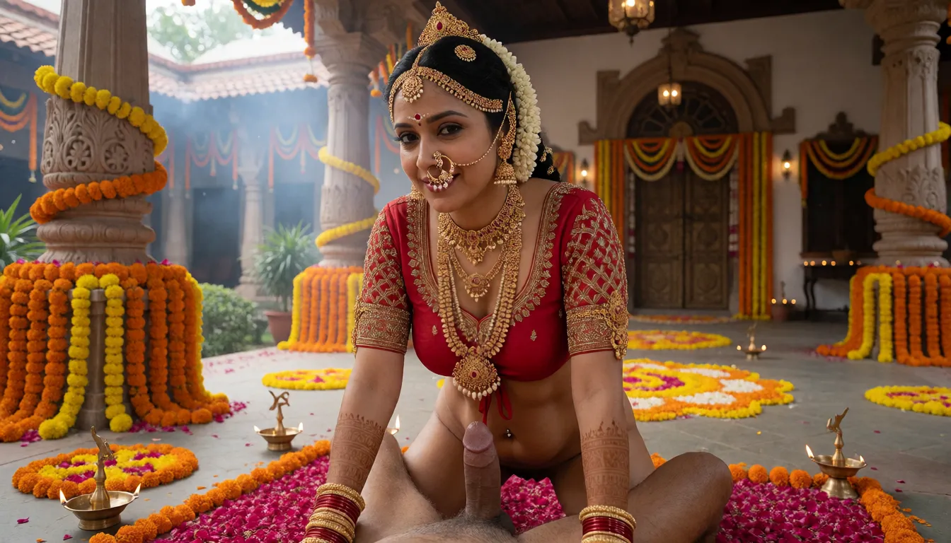 an amateur snapshot, A full-length, cinematic and opulent photograph of a gorgeous South Indian Hindu woman in her late 30s, with huge saggy tits, navel pierced,
She crimson red silk blouse is densely adorned with shimmering gold zardozi embroidery, intricate beadwork, and patterns on the sleeves and neckline tied under her breast, making her boobs completely visible, having sex with an elderly man with huge penis, aged around 80, over the piles of rose petals in her courtyard, On her feet, she wears ornate, embellished traditional Kolhapuri sandals or juttis.
She is heavily adorned with exquisite, layered traditional jewelry:- A prominent 'Nath' (the ornate Maharashtrian nose ring with pearls, rubies, and gold) on her nose.- A delicate, crescent-shaped 'Chandrakor' bindi with tiny dots on her forehead.- A grand gold crown/headpiece (shendra/maang tikka) at the crown of her head.- Multiple layered gold necklaces: a tight gold 'Thushi' (choker), a medium-length 'Kolhapuri Saaj', a grand multi-layered 'Mohanmal', and an elaborately jeweled heavy gold haram (long necklace) cascading down her chest.- Large, ornate gold and pearl 'Jhumkas' with elaborate ear chains (kanvel) pinned to her hair.- Stacked traditional gold bangles (choora) paired with 'Patlya' bangles on both wrists, and a gold 'Bajuband' (armlet) on her upper arm. Her natural black hair is styled in an elaborate traditional bun, heavily adorned with  jasmine (gajra) wrapping around her hair, with gold ornaments. She has a warm dusky complexion, with expressive eyes and a gentle, natural smile, looking toward the camera. Her hands have intricate natural henna (mehndi) patterns.
The background is grand and festive hall, he fucking her in grasshopper position, legs wide open and exposing her hairy pussy, paved ground in the courtyard of a heritage home (wada), characterized by massive, elaborately carved stone and wooden pillars decorated with dense, cascading garlands of orange and yellow marigolds.- Elaborate flower rangolis (flower patterns) on the stone floor, along with traditional brass lamps (samai) with tiny flames.- Grand architectural details in the background, including arches, hanging flower garlands, a large ornate door with rich drapery, and a soft haze of festive natural daylight with gentle smoke or dust motes.
Shot on a 35mm lens with cinematic natural lighting, capturing realistic skin textures, the rich sheen of the silk, and the glint of the gold jewelry with a soft background defocus (bokeh), capturing a grand, culturally rich, and majestic moment., plenty of natural daylight, flat even light, casual unposed snapshot, natural everyday colour, mild noise, natural unretouched skin, strikingly beautiful, radiant complexion, early twenties