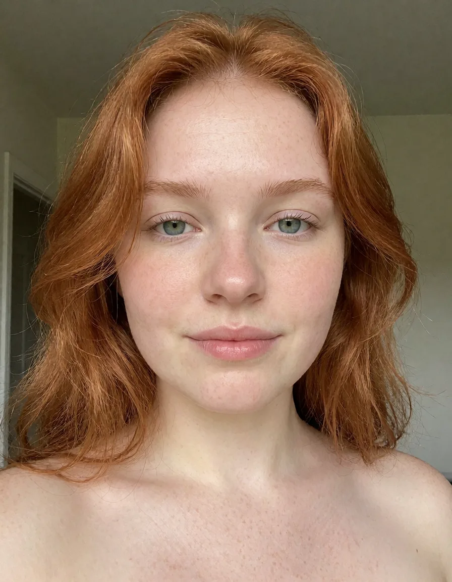 an amateur snapshot, Slight chubby redhead town with middle parted hair nude, plenty of natural daylight, flat even light, casual unposed snapshot, natural everyday colour, mild noise, natural unretouched skin, strikingly beautiful, radiant complexion, early twenties