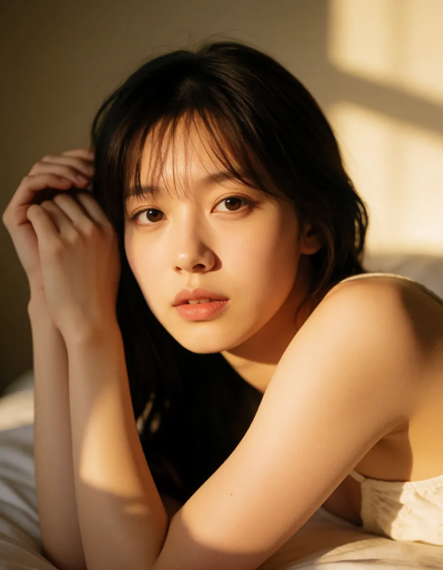 a photograph, naked japanese smile slender beauti 30s female big titt hairy pussy spread legs sit finger masturbation bed, warm golden afternoon daylight, soft natural shadows, warm amber tones, gentle contrast, fine film grain, smooth clear skin, strikingly beautiful, radiant complexion, early twenties
