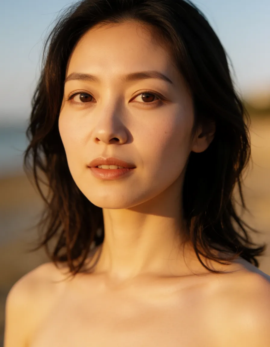 a photograph, naked japanese smile slender beauti 40s female big titt hairy pussy spread legs up sit, warm golden afternoon daylight, soft natural shadows, warm amber tones, gentle contrast, fine film grain, smooth clear skin, strikingly beautiful, radiant complexion, early twenties