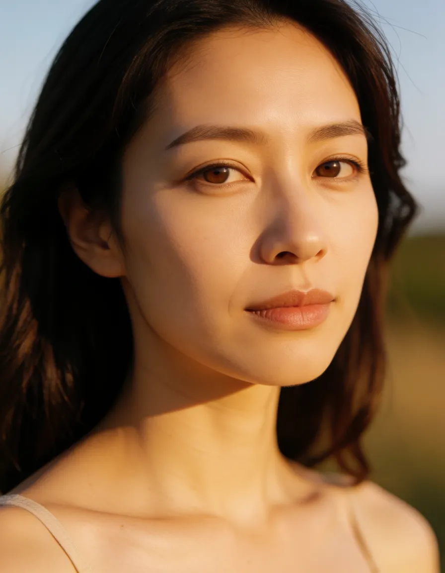 a photograph, naked japanese smile slender beauti 40s female big titt hairy pussy spread legs up sit, warm golden afternoon daylight, soft natural shadows, warm amber tones, gentle contrast, fine film grain, smooth clear skin, strikingly beautiful, radiant complexion, early twenties