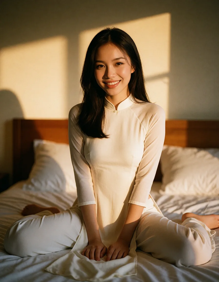 a photograph, A Vietnamese woman's smile, slender beauty, a woman in her 20s, full-body shot, ao dai, spread legs sit bed, warm golden afternoon daylight, soft natural shadows, warm amber tones, gentle contrast, fine film grain, smooth clear skin, strikingly beautiful, radiant complexion, early twenties