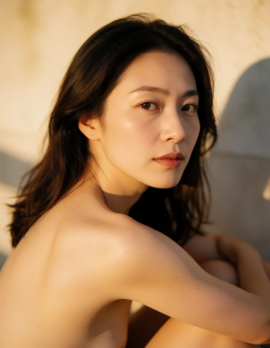 a photograph, naked japanese smile slender beauti 40s female sit look back, warm golden afternoon daylight, soft natural shadows, warm amber tones, gentle contrast, fine film grain, smooth clear skin, strikingly beautiful, radiant complexion, early twenties