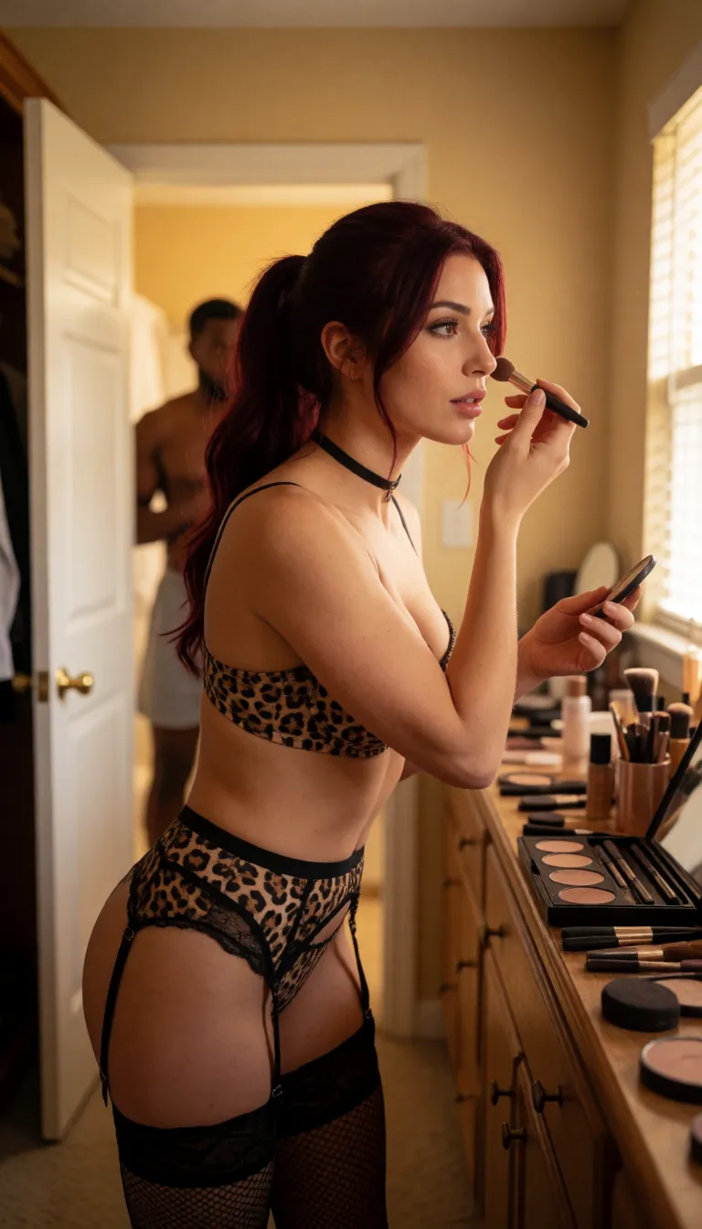 a photograph, A gorgeous woman with long burgundy hair in a ponytail wearing a leopard print push up bra and matching thong and garter belt and fishnet stockings and choker, she has large breasts a small waist and wide voluptuous hips,  she is applying makeup to her face in her walk in closet/makeup room, an en suite bathroom door is open enough to see a muscular black man having a shower as he washes his gigantic cock, warm golden afternoon daylight, soft natural shadows, warm amber tones, gentle contrast, fine film grain, smooth clear skin, strikingly beautiful, radiant complexion, early twenties
