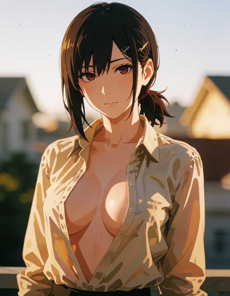 a photograph, In front of me stands Kobeni from the anime *Chainsaw Man*. She has unbuttoned her shirt and is showing off her breasts. She has huge breasts and big, plump pink lips. Her facial expression is dull. She has stuck out her tongue, and saliva is dripping from it., warm golden afternoon daylight, soft natural shadows, warm amber tones, gentle contrast, fine film grain, smooth clear skin, strikingly beautiful, radiant complexion, early twenties