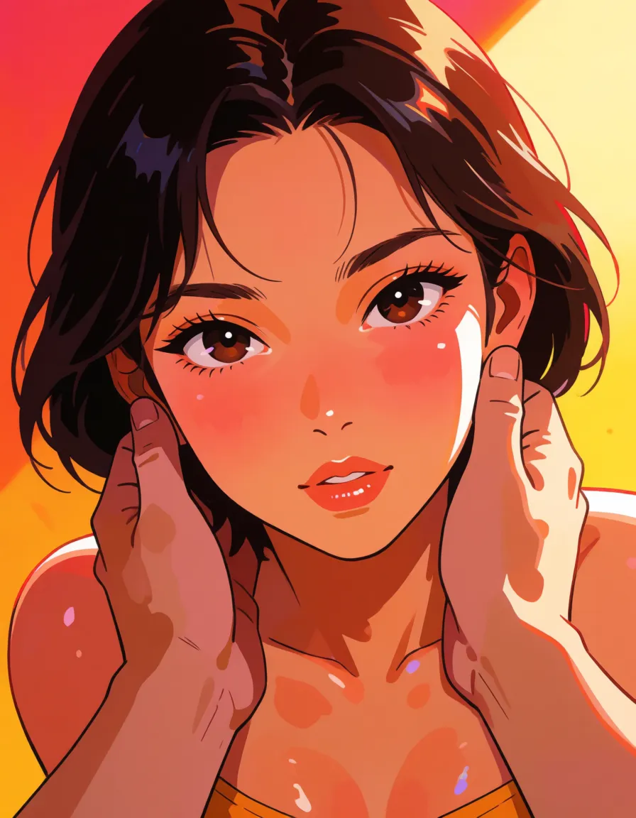 hentai anime art, pov, handjob, no_blowjob, clean lineart, smooth cel shading, glossy highlights, saturated warm colour, drawn illustration, strikingly beautiful, radiant complexion, early twenties