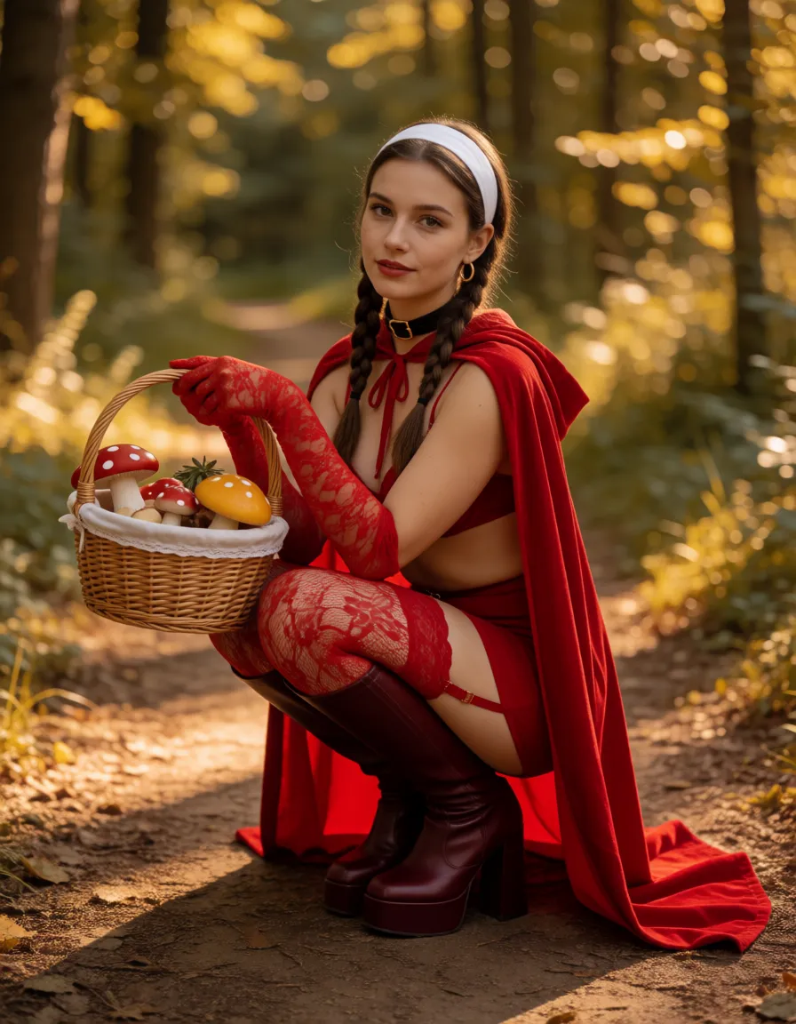 a photograph, Little Red Riding Hood (hereinafter referred to as Helen) has a super-giant ass and mega-giant breasts with huge dark areolas, a slender waist, and a toned figure; she has super-large, plumped lips. She wears her hair in two braids. Helen is dressed in red lace stockings with burgundy garters, a red lace ultra-sheer bra, long red lace gloves, and burgundy knee-high platform boots. She wears red lace ultra-sheer panties.She wears a red hooded cape and a red nano-mini skirt. Helen has a wide white headband in her hair, a black collar around her neck, and gold hoop earrings. She wears black mascara and dark burgundy gothic-style makeup, with dark burgundy lipstick on her lips.Helen holds a basket full of condoms; one condom is tucked into the top of her right stocking.The scene takes place on a forest path in summer.Helen is squatting, putting a condom onto a large, mushroom-shaped cock that is protruding from the path. She is overjoyed and highly aroused, consumed by sexual desire; her face is flushed red from arousal., warm golden afternoon daylight, soft natural shadows, warm amber tones, gentle contrast, fine film grain, smooth clear skin, strikingly beautiful, radiant complexion, early twenties