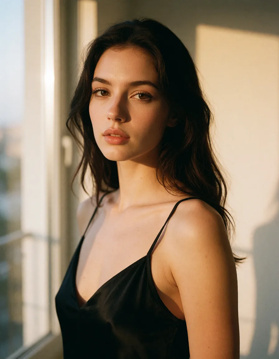 a photograph, a woman with long dark hair in a black silk slip, soft window light, shot on film, warm golden afternoon daylight, soft natural shadows, warm amber tones, gentle contrast, fine film grain, smooth clear skin, strikingly beautiful, radiant complexion, early twenties