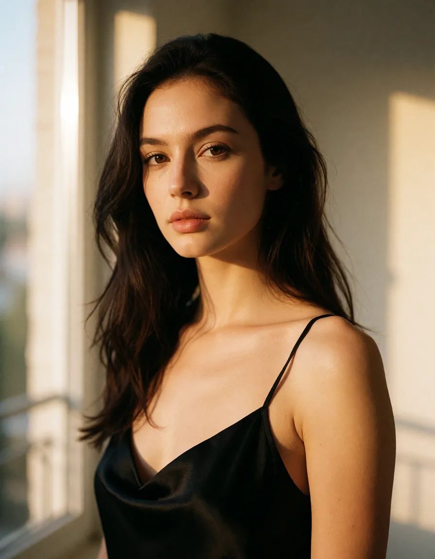 a photograph, a woman with long dark hair in a black silk slip, soft window light, shot on film, warm golden afternoon daylight, soft natural shadows, warm amber tones, gentle contrast, fine film grain, smooth clear skin, strikingly beautiful, radiant complexion, early twenties