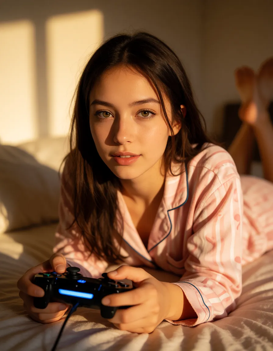 a photograph, Woman next door, 21yo, Slim frame gamer woman playing video games, wearing pajamas, laying on stomach, on bed, anal sex, warm golden afternoon daylight, soft natural shadows, warm amber tones, gentle contrast, fine film grain, smooth clear skin, strikingly beautiful, radiant complexion, early twenties