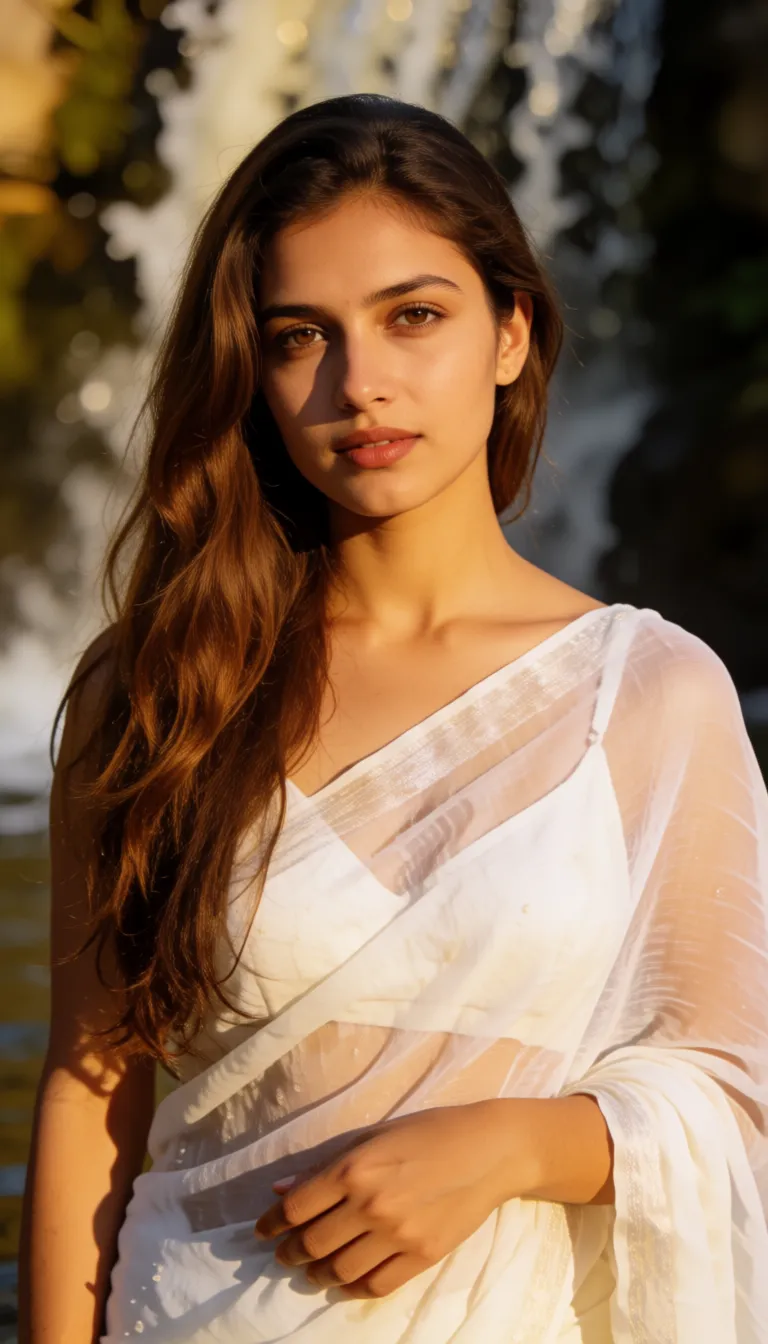 a photograph, Nude, Indian woman, erotic, sexy, bold expressions, BBW, chubby, huge cleavage, huge natural boobs, long brown hair, wide hips, huge fat ass, wearing white see-through saree,bathing in waterfall, wet body and hair, hair on left side, woman squeezing hair, detail body, detail face, warm golden afternoon daylight, soft natural shadows, warm amber tones, gentle contrast, fine film grain, smooth clear skin, strikingly beautiful, radiant complexion, early twenties