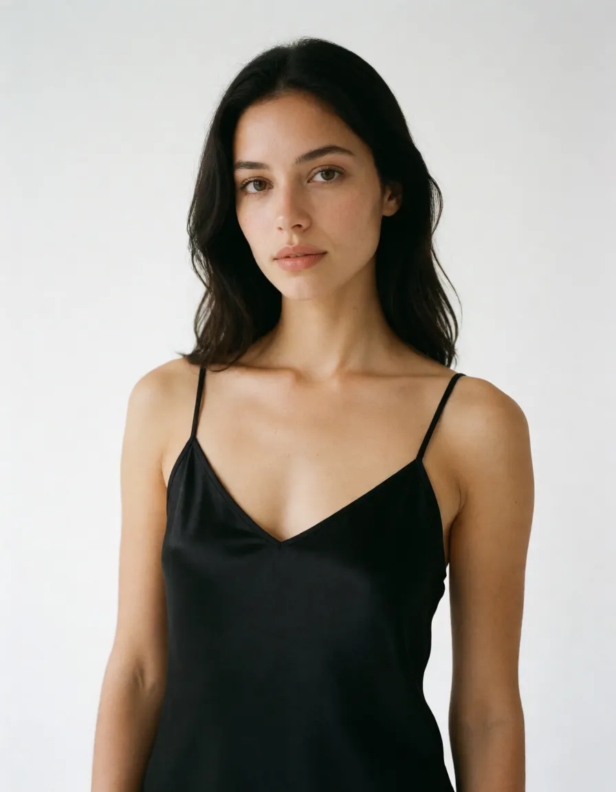 a studio photograph, a woman with long dark hair in a black silk slip, soft window light, shot on film, even shadowless studio light, plain white background, clean rich colour, flawless polished skin, strikingly beautiful, radiant complexion, early twenties