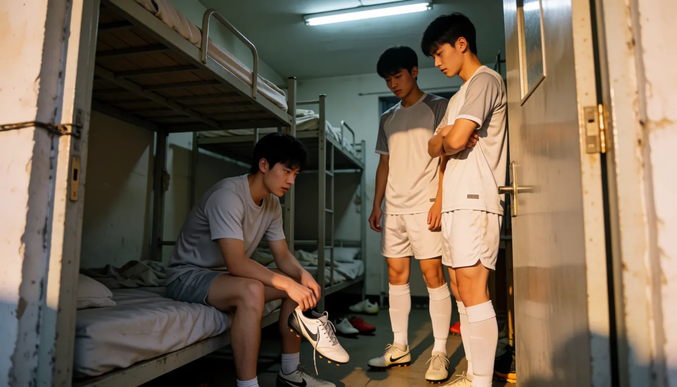 a photograph, **【画面风格与质感强约束】**超写实真人摄影，RAW照片，单反相机拍摄，真实人类皮肤纹理，写实人体结构，解剖学比例正确，自然光影，电影级质感，8K分辨率，胶片颗粒感，画面清晰锐利，真实布料与皮革质感。画面中所有人物均为中国东亚面孔，黑发黑眼，肢体数量正确，双手各有五指，四肢互相独立不重叠，衣物与身体边界清晰，鞋子与脚部完全分离。
**【场景环境】**男生宿舍内部，夜晚。画面中有铁架床，床铺略显凌乱，灰白色的床单。地面有散落的杂物。宿舍顶灯亮着，发出冷白色的光线，照亮整个房间。宿舍的门被推开，门框处站着两名年轻男性。房间地面上散落着几双足球鞋和换下来的脏袜子。
**【主体人物1（狗奴主角·画面下方）】**一名中国东亚面孔的年轻男性角色。**主角全身完全赤裸，没有穿着任何上衣、裤子或内裤，主角的臀部和双腿完全裸露，主角的男性生殖器处于勃起状态并且清晰可见，没有任何布料遮挡在生殖器前面。** 主角跪在床边地板上。**主角动作细节：** 主角的左手拿着一只脏兮兮的足球鞋，主角将足球鞋的鞋口靠近自己的鼻子，正在用力吸气闻足球鞋里面的味道。主角的嘴里叼着一只布满汗渍和灰尘的白色运动袜。主角的右手正紧紧握着主角自己勃起的生殖器，主角的右手正在进行自慰动作。主角的脸涨得通红，主角的表情混合着痴迷与惊恐。
**【主体人物2与3（双胞胎少爷·画面门口处）】**两名长相完全一致的年轻男性角色，均为中国东亚面孔，黑发黑眼，身高体型相同。两名年轻男性都穿着足球运动服，穿着短袖球衣、运动短裤，两人的脚上穿着脏兮兮的足球鞋，两人的腿上穿着被汗水浸湿的白色运动袜。两名年轻男性刚刚踢完球，两人的脸上带着汗水，两人的衣服有些脏污。两名年轻男性站在宿舍门口，两人的目光向下盯着跪在床边的主角。两人的表情从震惊转为轻蔑，其中一名年轻男性嘴角上扬露出戏谑的冷笑，另一名年轻男性双手抱胸低头俯视主角。
**【镜头与光影】**中景，平视略低角度，从宿舍门口方向看向屋内。镜头同时框住站立的双胞胎和跪在地上的主角。构图突出双胞胎居高临下的压迫感和主角被当场抓获的窘态。主光源为宿舍冷白顶灯，光线从上方打下，主角脸上半明半暗凸显羞耻与性兴奋，双胞胎的脸被顶光照亮，凸显两人的傲慢与掌控感。, warm golden afternoon daylight, soft natural shadows, warm amber tones, gentle contrast, fine film grain, smooth clear skin, strikingly beautiful, radiant complexion, early twenties