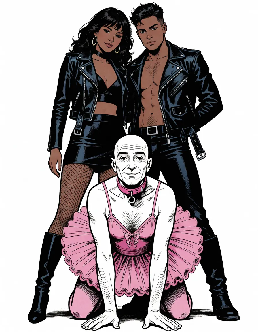 comic book art, A black couple dressed in leather standing over a white older bald man dressed in a pink tutu with a collar around his neck on his hands and knees, bold black ink outlines, halftone dot shading, cross hatched shadows, flat four colour print palette, hard high contrast comic inking, printed comic page, strikingly beautiful, radiant complexion, early twenties