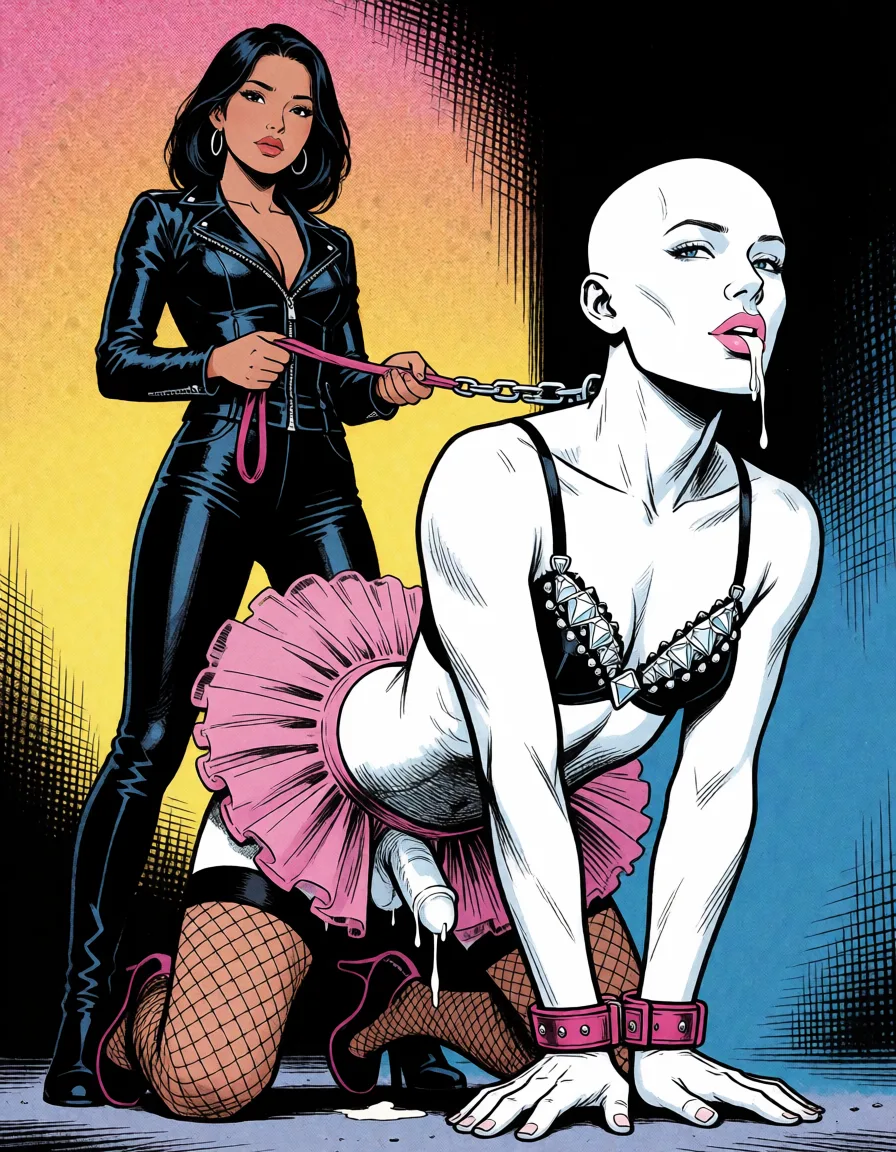 comic book art, A filipena lady dressed in leather holding a leash that goes to a nude, white, bald, man wearind a collar on his hands and knees with a pink tutu, black fishnet stockings and a black bra with diamonds on it with a hard cock dripping cum, bold black ink outlines, halftone dot shading, cross hatched shadows, flat four colour print palette, hard high contrast comic inking, printed comic page, strikingly beautiful, radiant complexion, early twenties