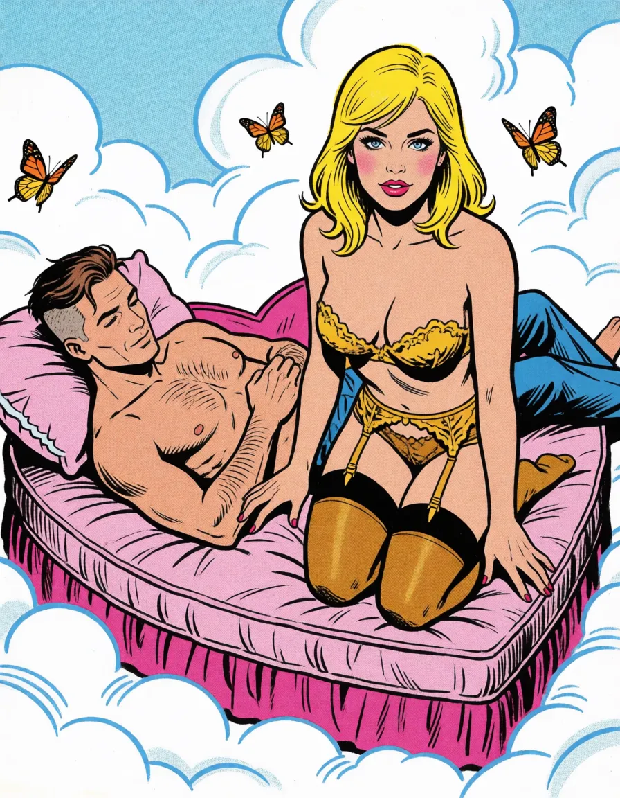comic book art, The setting is a heart shaped mattress in the clouds. A handsome, naked 50 year old man lays on his back. His hair is an undercut style with the top combed back. The woman is a curvy blonde with blue eyes and medium length hair. She stands over him, one foot on each side of his hips.She has a look of desire. Her pubic hair is trimmed in a neat triangle. She has golden stockings and garter belt. Butterflies hover in the background. Her pussy is wet and dripping., bold black ink outlines, halftone dot shading, cross hatched shadows, flat four colour print palette, hard high contrast comic inking, printed comic page, strikingly beautiful, radiant complexion, early twenties