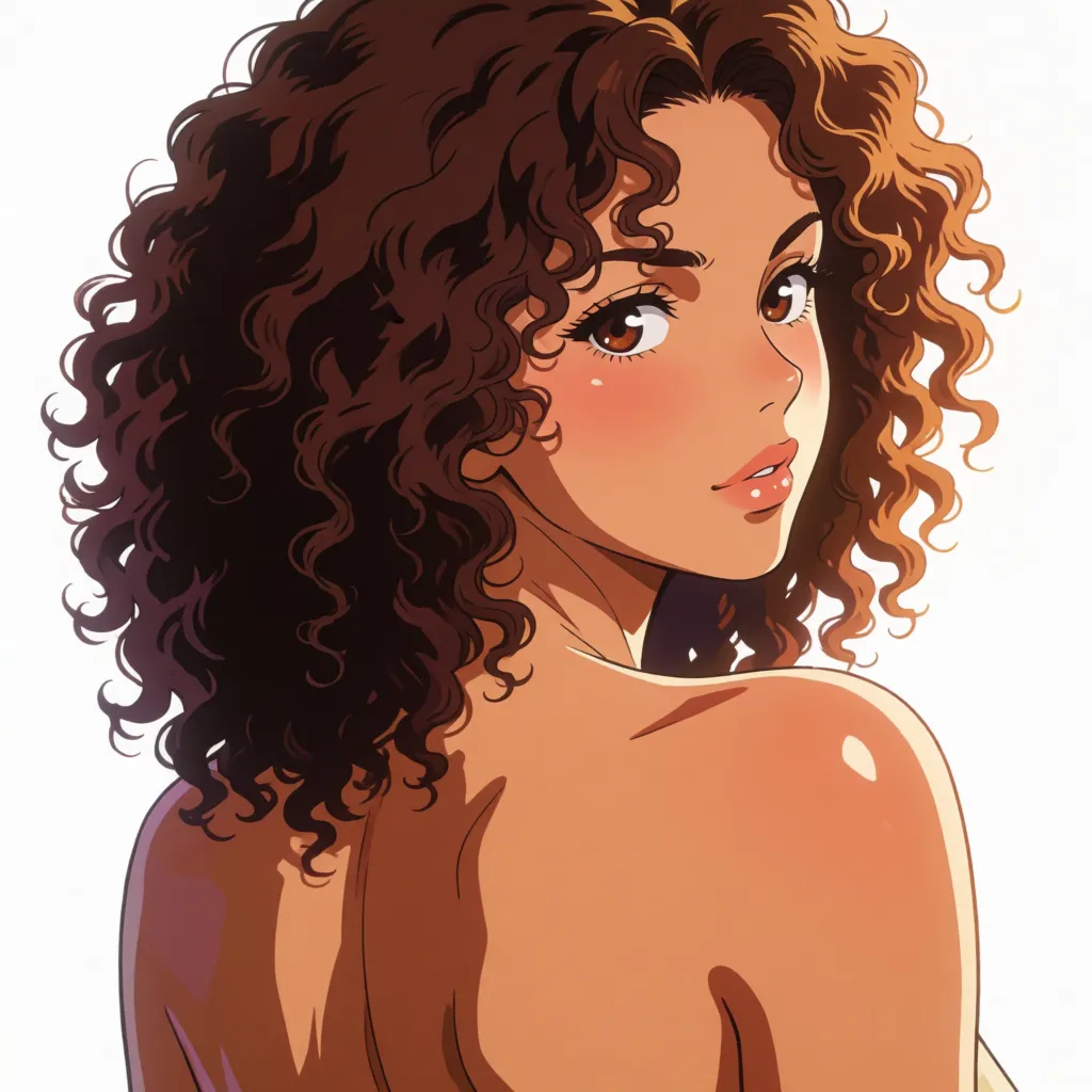 hentai anime art, Create a woman with a large, beautiful chest. With a large, beautiful butt. With curly brown hair. She is performing a blowjob. The view should be from behind, so that her butt is visible. The woman is completely naked., clean lineart, smooth cel shading, glossy highlights, saturated warm colour, drawn illustration, strikingly beautiful, radiant complexion, early twenties