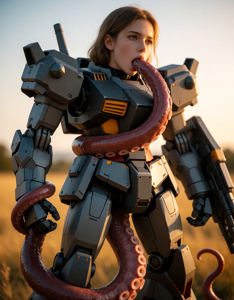 a photograph, mecha stand,tentacle around,tentacle fuck mecha fron down side,mecha strong and power armor on body,but mecha can't do anything,tentacle grab mecha hand,and one tentacle move penetrate in mouth mecha, warm golden afternoon daylight, soft natural shadows, warm amber tones, gentle contrast, fine film grain, smooth clear skin, strikingly beautiful, radiant complexion, early twenties