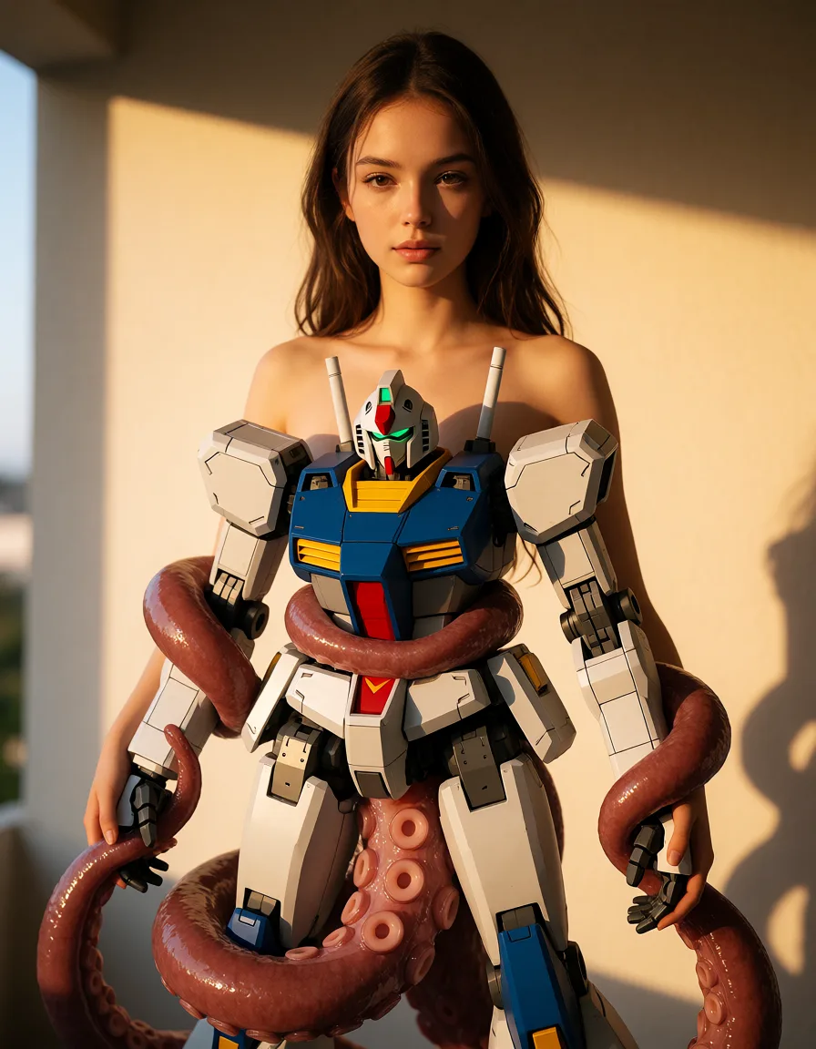 a photograph, mecha stand,tentacle around,tentacle grab mecha,tentacle fuck mecha,tentacle cum inside mecha,tentacle hold mecha hand, warm golden afternoon daylight, soft natural shadows, warm amber tones, gentle contrast, fine film grain, smooth clear skin, strikingly beautiful, radiant complexion, early twenties