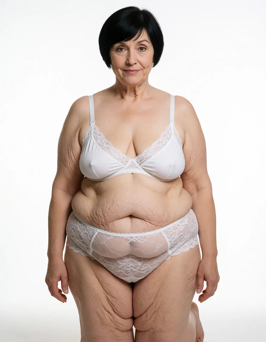 a studio photograph, A 55 year old slightly chubby wrinkled woman with extremly pale loose flabby skin, thin short very straight dark black bob haircut with swept bangs, brown eyes, no makeup, narrow face with fine wrinkles and dimples, narrow wrinkled neck, naughty facial expression and direct gaze toward the viewer, wearing a white lace-trimmed loose fitting cotton bra that accentuates the wrinkled cleavage of her small sagging deflated teardrop shaped breasts, a white sheer lace over the hip fat grandma panties with intricate floral patterns and visible waistband covering her chubby flabby sagging extreme bottom heavy muffin top belly with love handles and stretch marks, the bottom of her flabby stomach is bulging heavily and sagging low underneath her panties, narrow hips with dips, fat flabby cellulite covered thighs and legs, natural skin texture with visible wrinkles and cellulite on her chest, stomach, arms and legs, small fine wrinkles on her face and chest, plump bare arms, full-body and legs shot. Kneeling on one knee., even shadowless studio light, plain white background, clean rich colour, flawless polished skin, strikingly beautiful, radiant complexion, early twenties