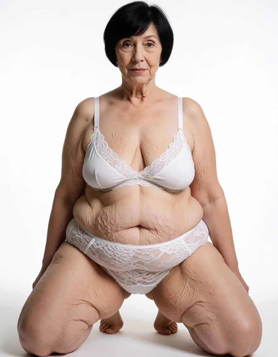 a studio photograph, A 66 year old slightly chubby wrinkled woman with extremly pale loose flabby skin, thin short very straight dark black bob haircut with swept bangs, brown eyes, no makeup, narrow face with many fine wrinkles and dimples, narrow wrinkled neck, naughty facial expression and direct gaze toward the viewer, fine wrinkles on her upper chest, wearing a white lace-trimmed loose fitting cotton bra that accentuates the wrinkled cleavage of her natural medium sized sagging deflated teardrop shaped breasts, a white cotton lace over the hip fat grandma panties with intricate floral patterns and visible waistband covering her chubby flabby sagging extreme bottom heavy muffin top belly with love handles and stretch marks, the bottom of her flabby stomach is bulging heavily and sagging low underneath and stretching the fabric of her panties, straight narrow hips with dips, thick flabby saggy cellulite covered thighs and legs, natural skin texture with visible wrinkles and cellulite on her chest, stomach, arms and legs, small fine wrinkles on her face and chest, plump bare arms, full-body and legs shot. On one knee with her legs spread open., even shadowless studio light, plain white background, clean rich colour, flawless polished skin, strikingly beautiful, radiant complexion, early twenties