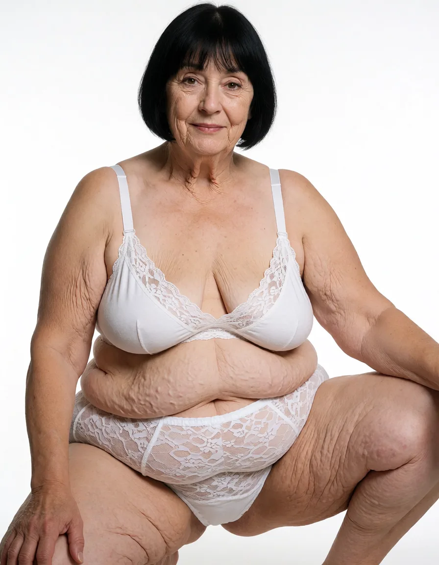 a studio photograph, A 66 year old slightly chubby wrinkled woman with extremly pale loose flabby skin, thin above the shoulder very straight dark black bob haircut with bangs, brown eyes, no makeup, narrow face with many wrinkles and dimples, wrinkled neck, naughty facial expression and direct gaze toward the viewer, fine wrinkles and age spots on her upper chest, wearing a white lace-trimmed loose fitting cotton bra that accentuates the wrinkled cleavage of her natural medium sized sagging deflated teardrop shaped breasts, a white cotton lace over the hip fat grandma panties with intricate floral patterns and visible waistband covering her slightly chubby flabby extremely sagging muffin top belly with love handles and stretch marks, the bottom of her flabby stomach is bulging heavily and sagging low underneath and stretching the fabric of her panties, straight narrow hips with dips, thick saggy cellulite covered thighs and legs, natural skin texture with visible wrinkles and cellulite on her chest, stomach, arms and legs, small fine wrinkles on her face and chest, plump bare arms, full-body and legs shot. Squatting 3/4 sideways with her legs spread open., even shadowless studio light, plain white background, clean rich colour, flawless polished skin, strikingly beautiful, radiant complexion, early twenties