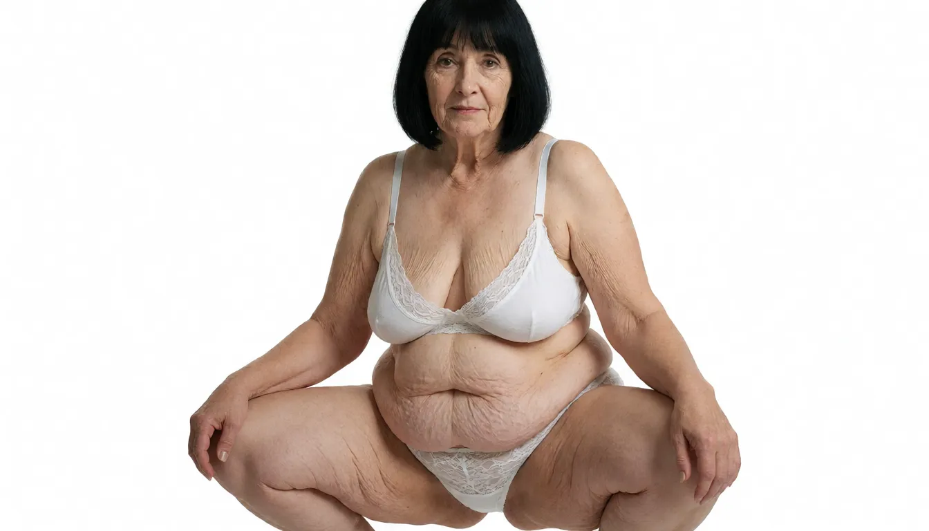 a studio photograph, A 66 year old slightly chubby wrinkled woman with extremly pale loose flabby skin, thin above the shoulder very straight dark black bob haircut with bangs, brown eyes, no makeup, narrow face with many wrinkles and dimples, wrinkled neck, naughty facial expression and direct gaze toward the viewer, fine wrinkles and age spots on her upper chest, wearing a white lace-trimmed loose fitting cotton bra that accentuates the wrinkled cleavage of her natural medium sized sagging deflated teardrop shaped breasts, a white cotton lace over the hip fat grandma panties with intricate floral patterns and visible waistband covering her slightly chubby flabby extremely sagging muffin top belly with love handles and stretch marks, the bottom of her flabby stomach is bulging heavily and sagging low underneath and stretching the fabric of her panties, straight narrow hips with dips, thick saggy cellulite covered thighs and legs, natural skin texture with visible wrinkles and cellulite on her chest, stomach, arms and legs, small fine wrinkles on her face and chest, plump bare arms, full-body and legs shot. Squatting 3/4 sideways with her legs spread open., even shadowless studio light, plain white background, clean rich colour, flawless polished skin, strikingly beautiful, radiant complexion, early twenties