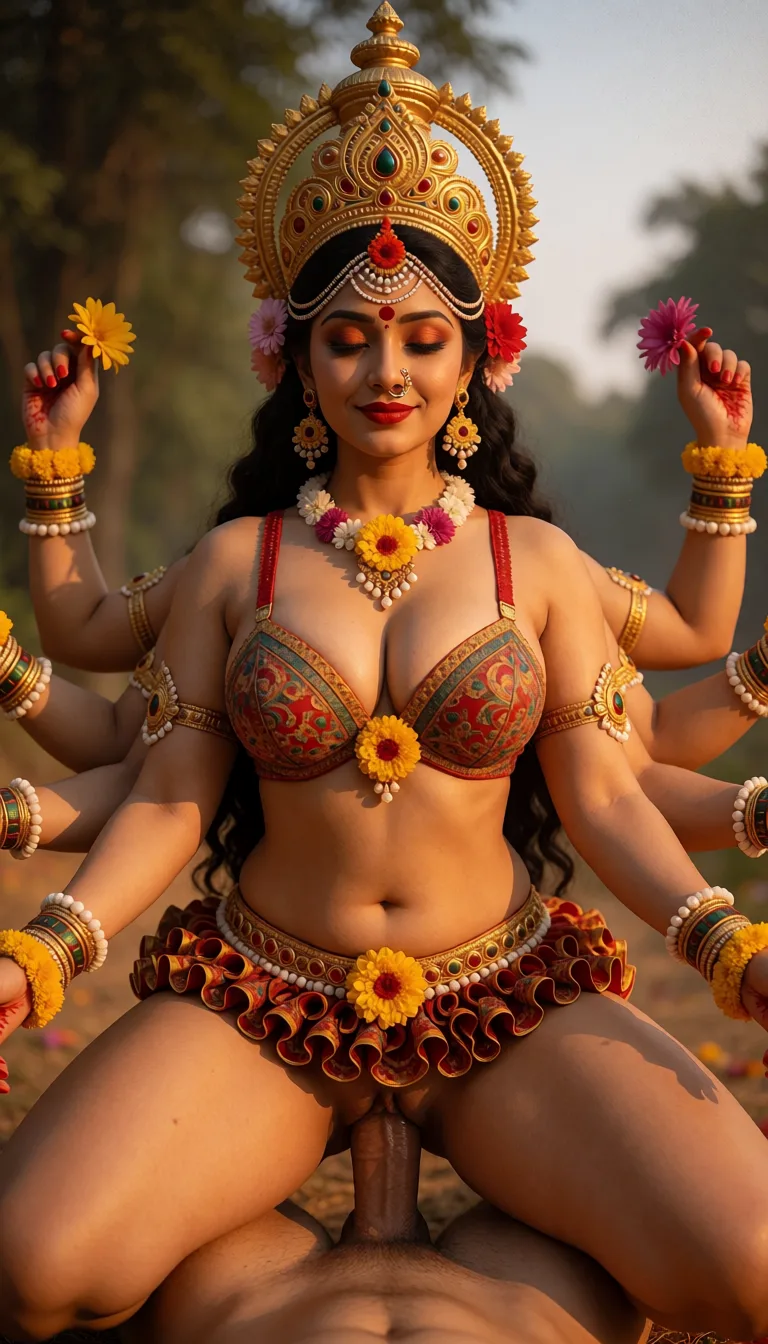 a photograph, 1 Adult Mother Goddess with multiple arms, ethnicity Hindu, Bengali, red lipstick, Accurate Anatomy, symmetrical body structure, Big chest, Thick thighs and arms, thick pelvis, tight fitting bra with intricate patterns and baggy mini skirt with curls and frills, Adorned Heavily in Indian Ornaments, black eyes, POV Sex, Symmetrical Tight Straddling Position, Having sex with viewer, big all around Mukut Crown, devine radiance, Calm and Graceful Expression, confident smile with hooded eyes, flowers around in Symmetrical order, holding flowers, floral necklace, semi realistic, warm golden afternoon daylight, soft natural shadows, warm amber tones, gentle contrast, fine film grain, smooth clear skin, strikingly beautiful, radiant complexion, early twenties