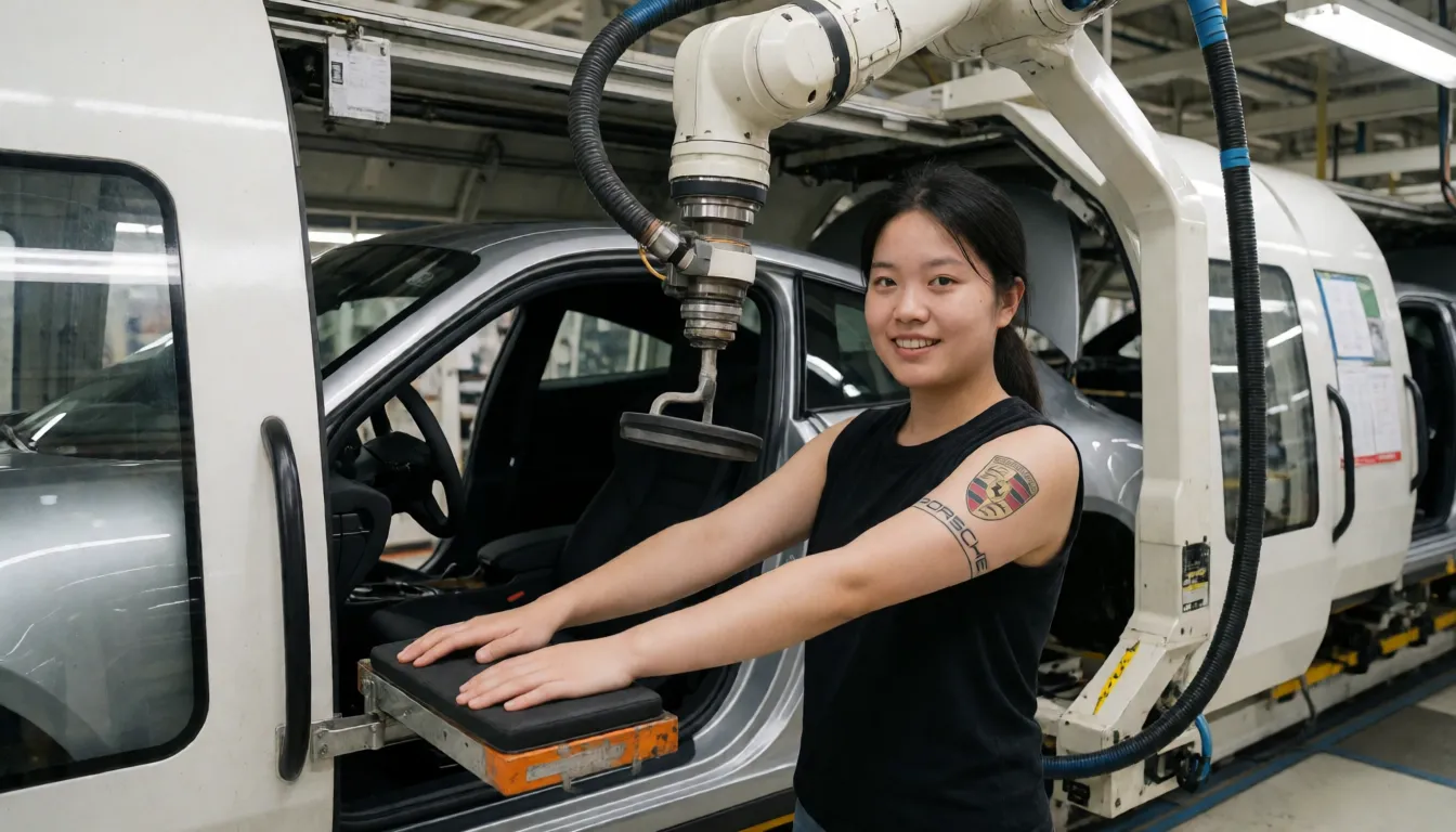 an amateur snapshot, Naked brown Slave woman tight leather collar strapped to machine kneeling on top of assembly line, stationary restraint, skinny, bdsm, crawled together knees to boobs, showing her butt, feet cuffed and bound, presenting ass, straight black hair having an orgasm, inside car factory, nipple rings connected to wire pulling nipples down, car factory machine arm puts big rippled rod deep in her pussy fucks her, Porsche car factory, Porsche logo, head down, kneeling on small padding platform, looking into camera, robot spray machine arm sprays her ass with liquid, straps holds her neck in place, belt around her waist pulling her down forces her to arch her back, arching her back pushing her ass out, arms pulled flat in front of her, face on padding, hair in bun, Porsche 911 logo tattoo on her upper arm,, plenty of natural daylight, flat even light, casual unposed snapshot, natural everyday colour, mild noise, natural unretouched skin, strikingly beautiful, radiant complexion, early twenties