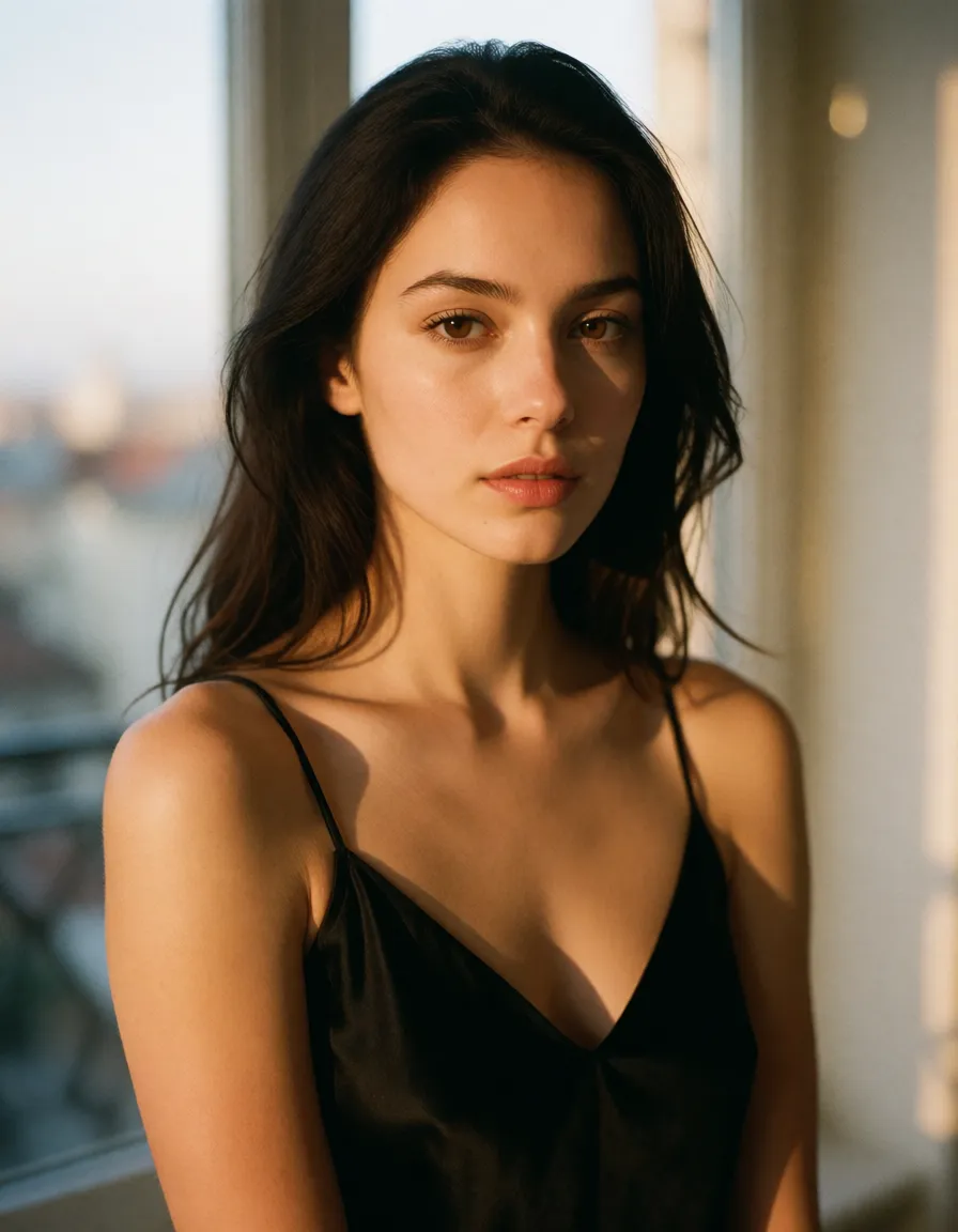 a photograph, a woman with long dark hair in a black silk slip, soft window light, shot on film, warm golden afternoon daylight, soft natural shadows, warm amber tones, gentle contrast, fine film grain, smooth clear skin, strikingly beautiful, radiant complexion, early twenties