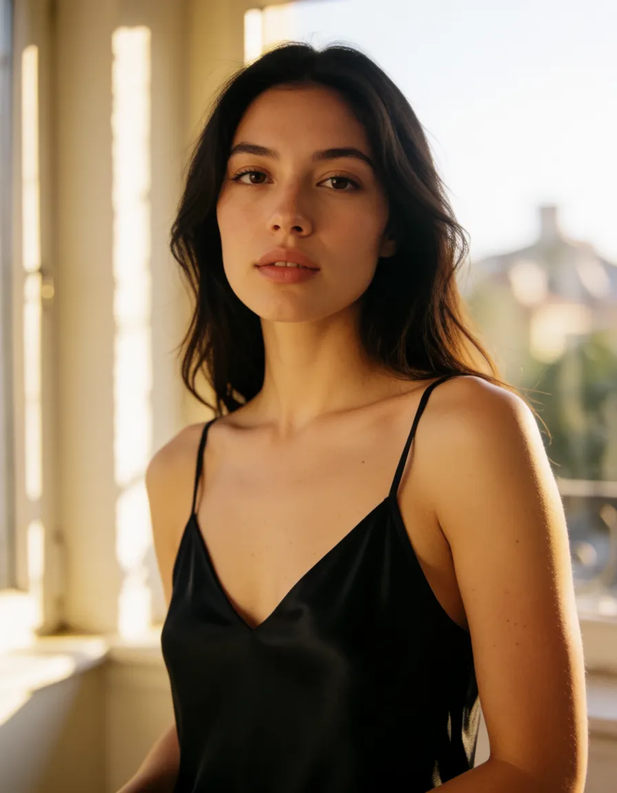 a photograph, a woman with long dark hair in a black silk slip, soft window light, shot on film, warm golden afternoon daylight, soft natural shadows, warm amber tones, gentle contrast, fine film grain, smooth clear skin, strikingly beautiful, radiant complexion, early twenties